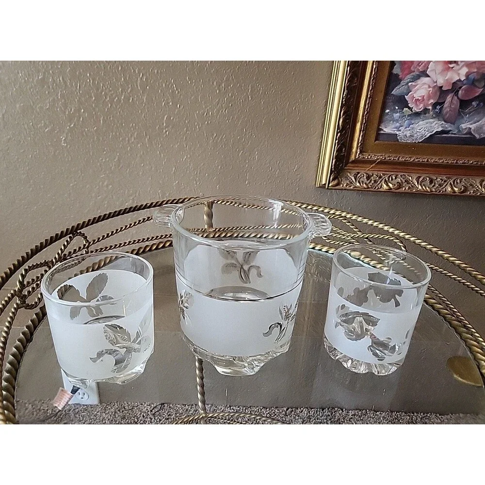 Ice Bucket Frosted & Glasses - Set Of 2 Italy 1960's 1970's Vtg